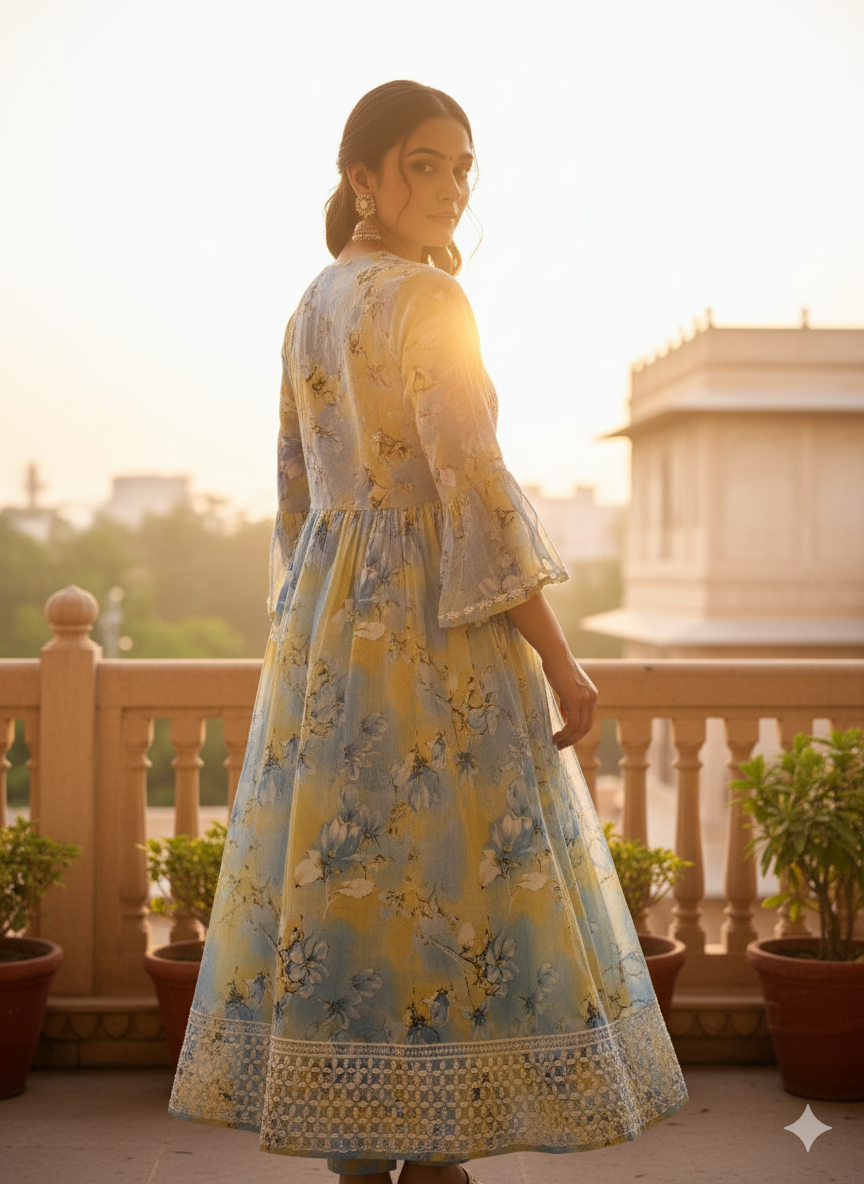 Elegant Pastel Blue & Yellow Chikankari Floral Kurti