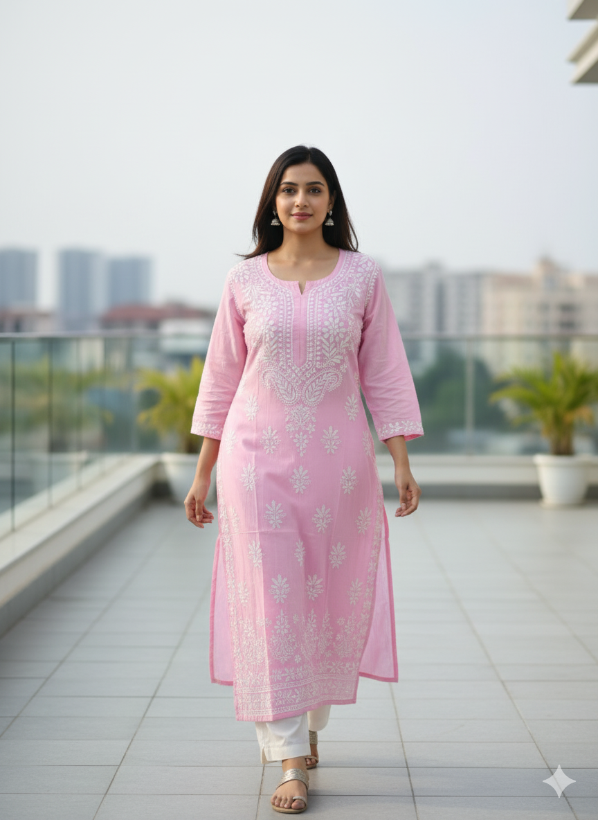 Elegant Pink Hand-Embroidered Lucknowi Chikankari Cotton Kurti for Women | Ethnic Long Kurta with White Thread Work | Summer Wear | Casual & Festive Outfit