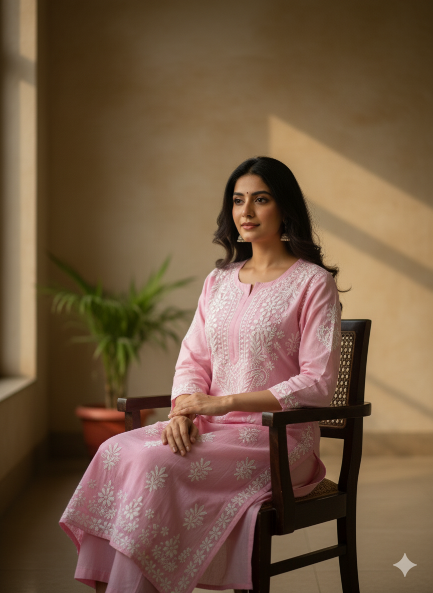 Elegant Pink Hand-Embroidered Lucknowi Chikankari Cotton Kurti for Women | Ethnic Long Kurta with White Thread Work | Summer Wear | Casual & Festive Outfit