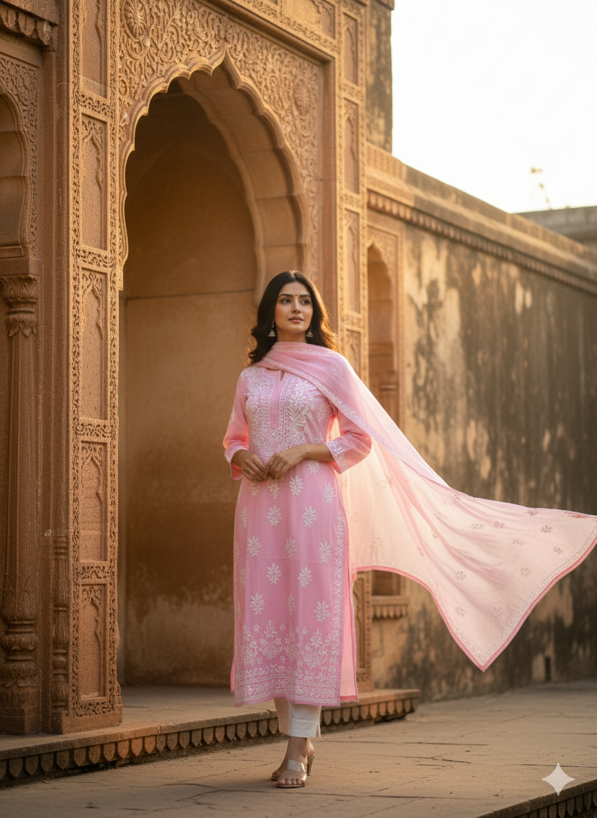 Elegant Pink Hand-Embroidered Lucknowi Chikankari Cotton Kurti for Women | Ethnic Long Kurta with White Thread Work | Summer Wear | Casual & Festive Outfit