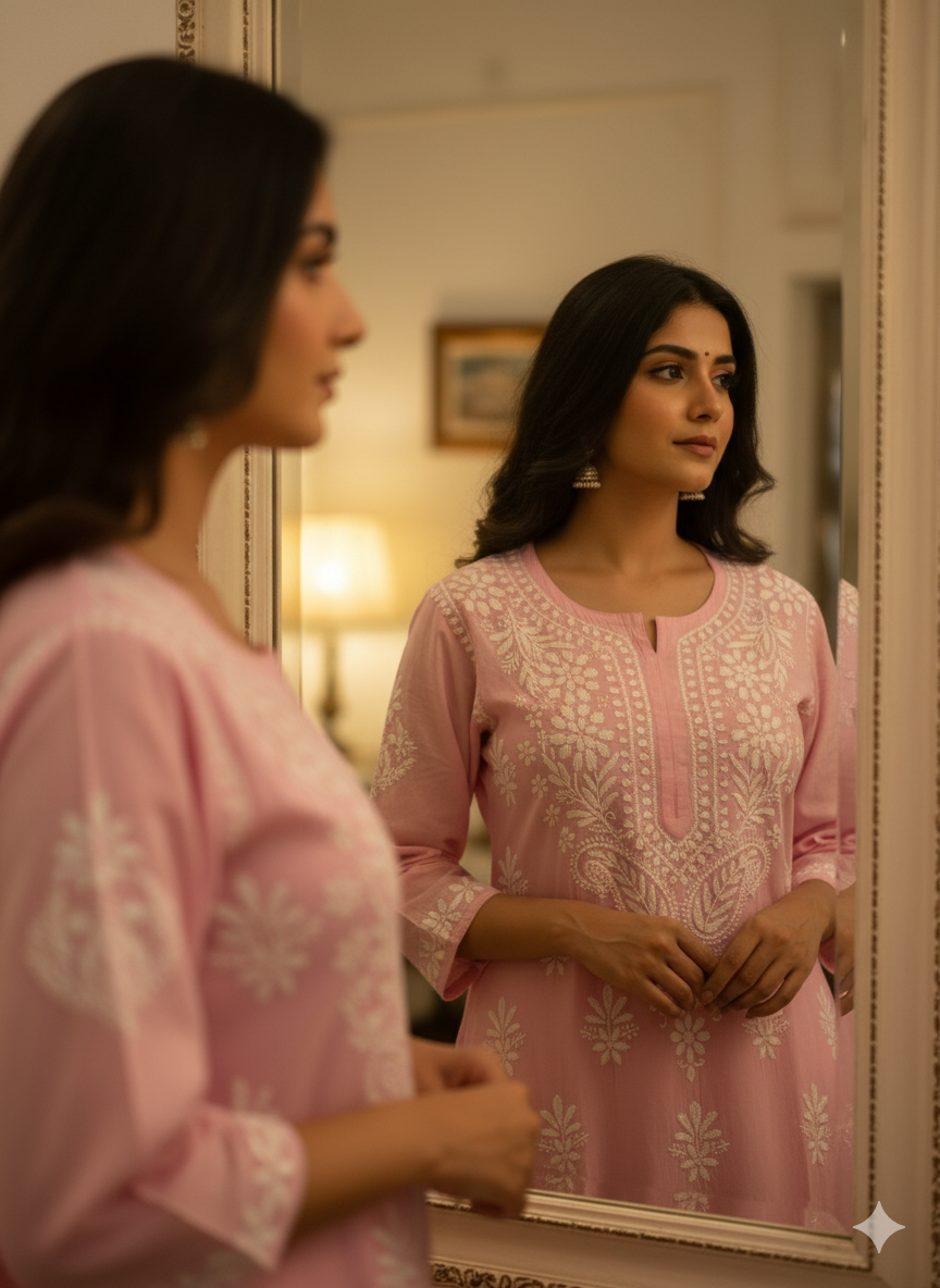 Elegant Pink Hand-Embroidered Lucknowi Chikankari Cotton Kurti for Women | Ethnic Long Kurta with White Thread Work | Summer Wear | Casual & Festive Outfit