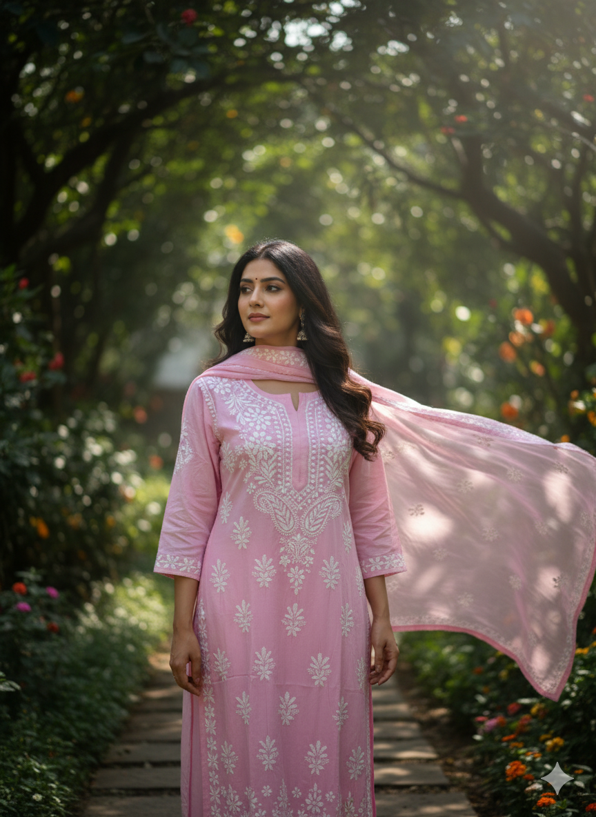 Elegant Pink Hand-Embroidered Lucknowi Chikankari Cotton Kurti for Women | Ethnic Long Kurta with White Thread Work | Summer Wear | Casual & Festive Outfit