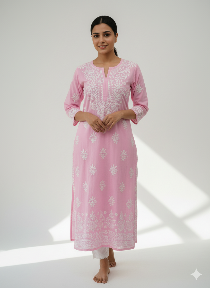 Elegant Pink Hand-Embroidered Lucknowi Chikankari Cotton Kurti for Women | Ethnic Long Kurta with White Thread Work | Summer Wear | Casual & Festive Outfit