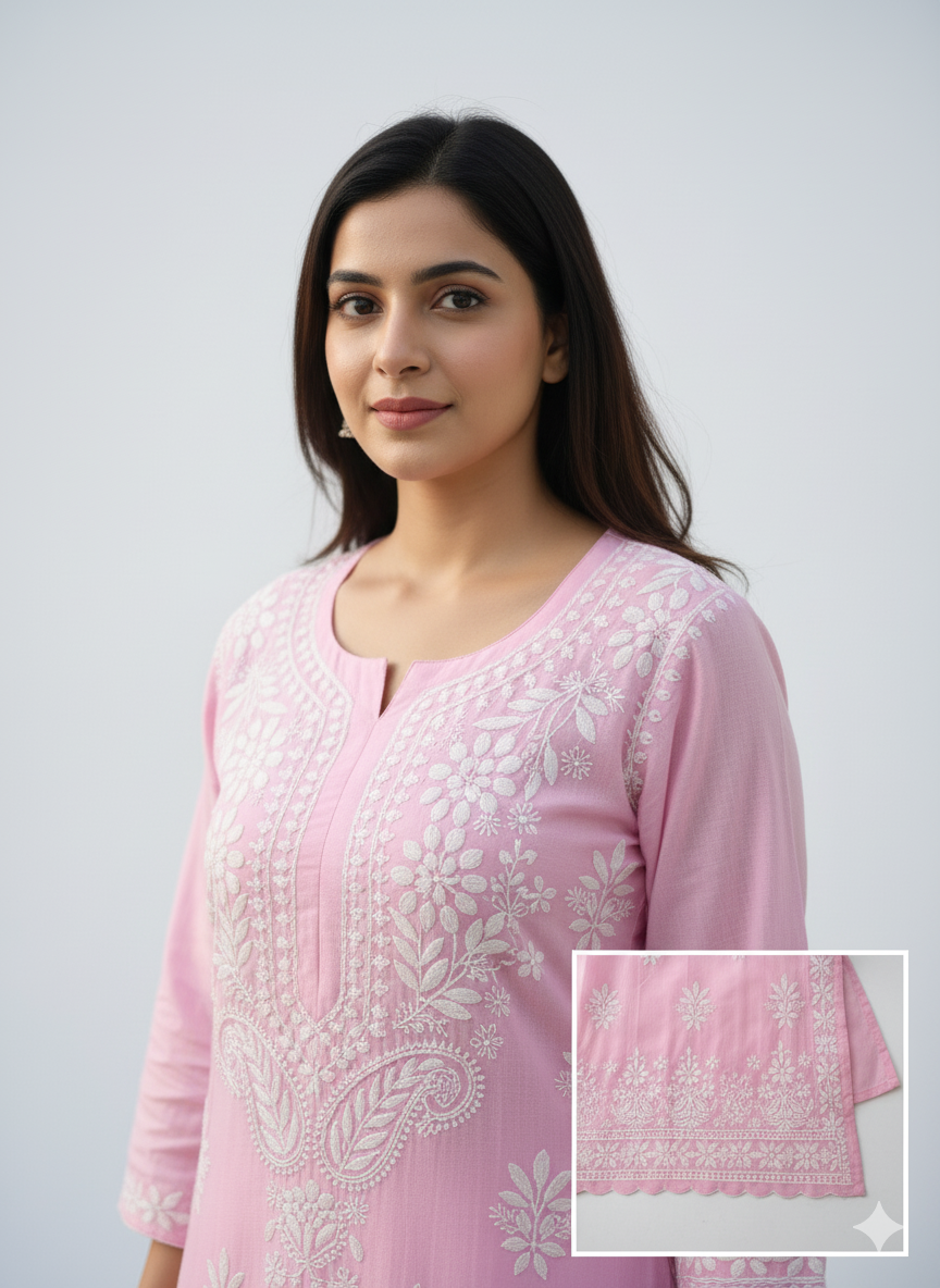 Elegant Pink Hand-Embroidered Lucknowi Chikankari Cotton Kurti for Women | Ethnic Long Kurta with White Thread Work | Summer Wear | Casual & Festive Outfit