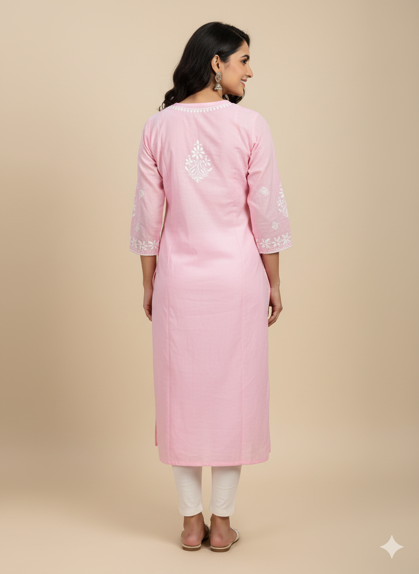 Elegant Pink Hand-Embroidered Lucknowi Chikankari Cotton Kurti for Women | Ethnic Long Kurta with White Thread Work | Summer Wear | Casual & Festive Outfit