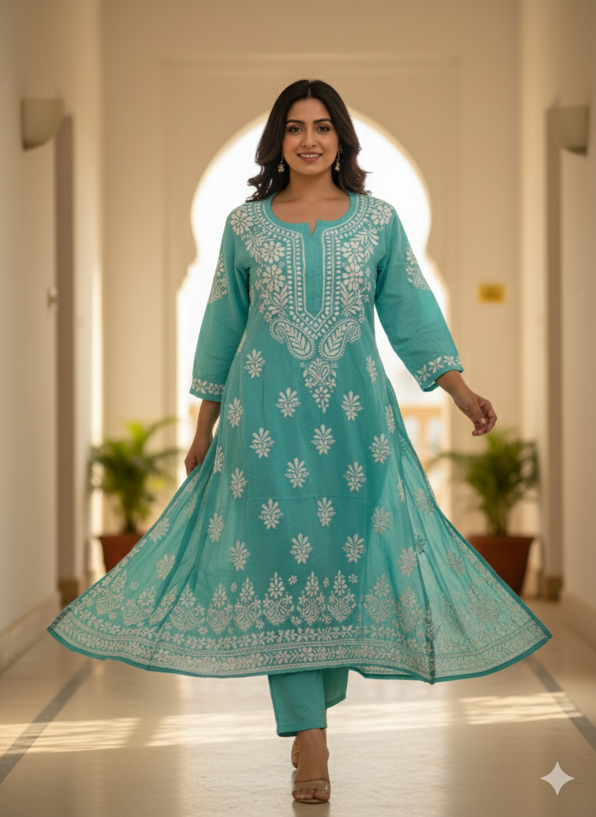 Elegant Turquoise Blue Modal Chikankari Kurti for Women  Handcrafted Lucknowi Embroidery  Ethnic Casual & Festive Wear Kurta