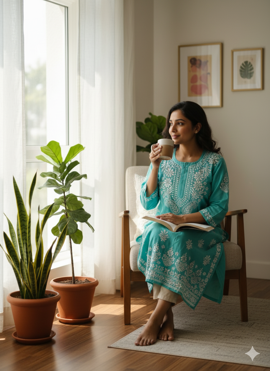 Elegant Turquoise Blue Modal Chikankari Kurti for Women  Handcrafted Lucknowi Embroidery  Ethnic Casual & Festive Wear Kurta