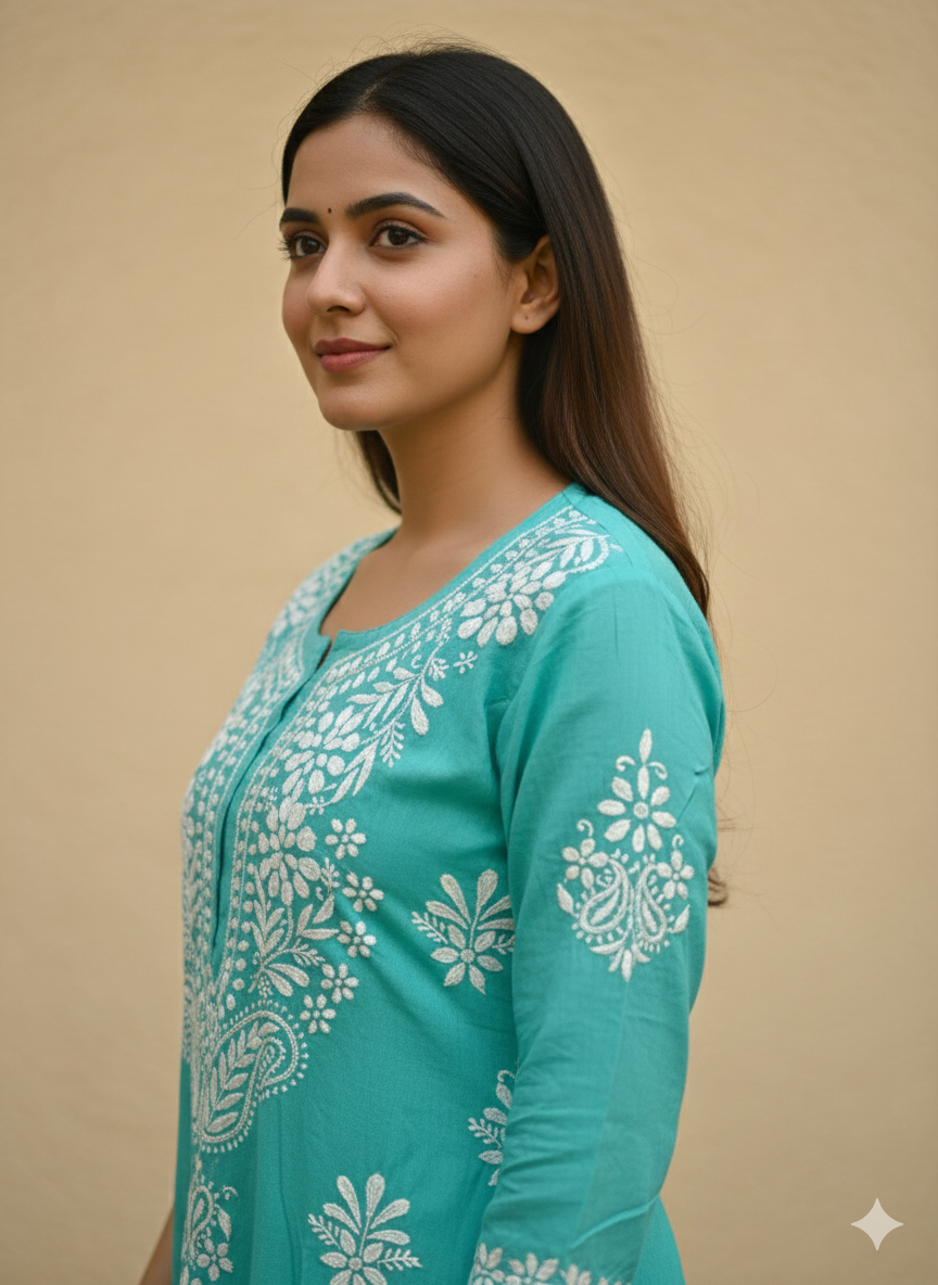 Elegant Turquoise Blue Modal Chikankari Kurti for Women  Handcrafted Lucknowi Embroidery  Ethnic Casual & Festive Wear Kurta