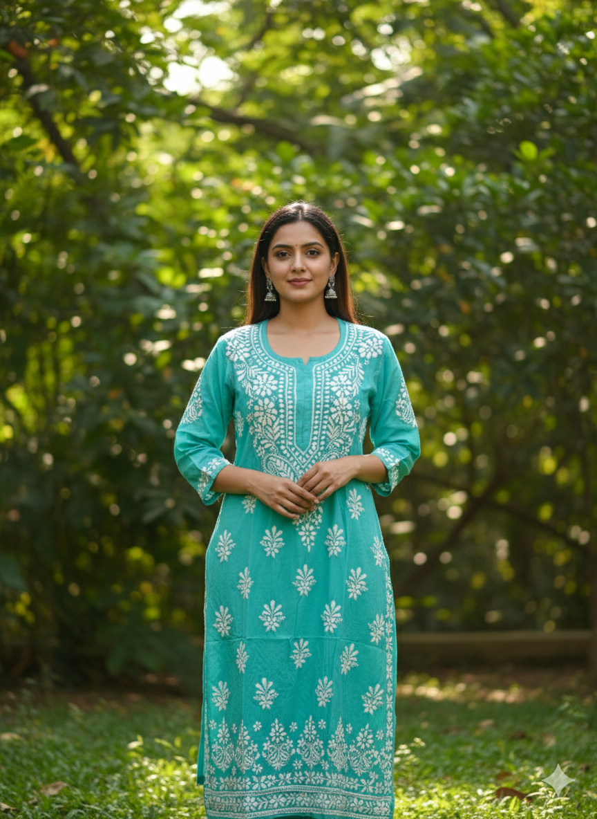 Elegant Turquoise Blue Modal Chikankari Kurti for Women  Handcrafted Lucknowi Embroidery  Ethnic Casual & Festive Wear Kurta