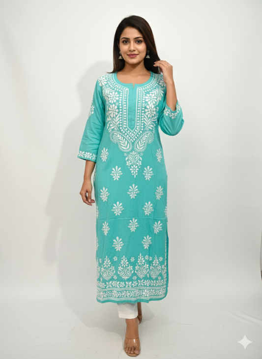 Turquoise blue modal Chikankari kurti embroidery close up