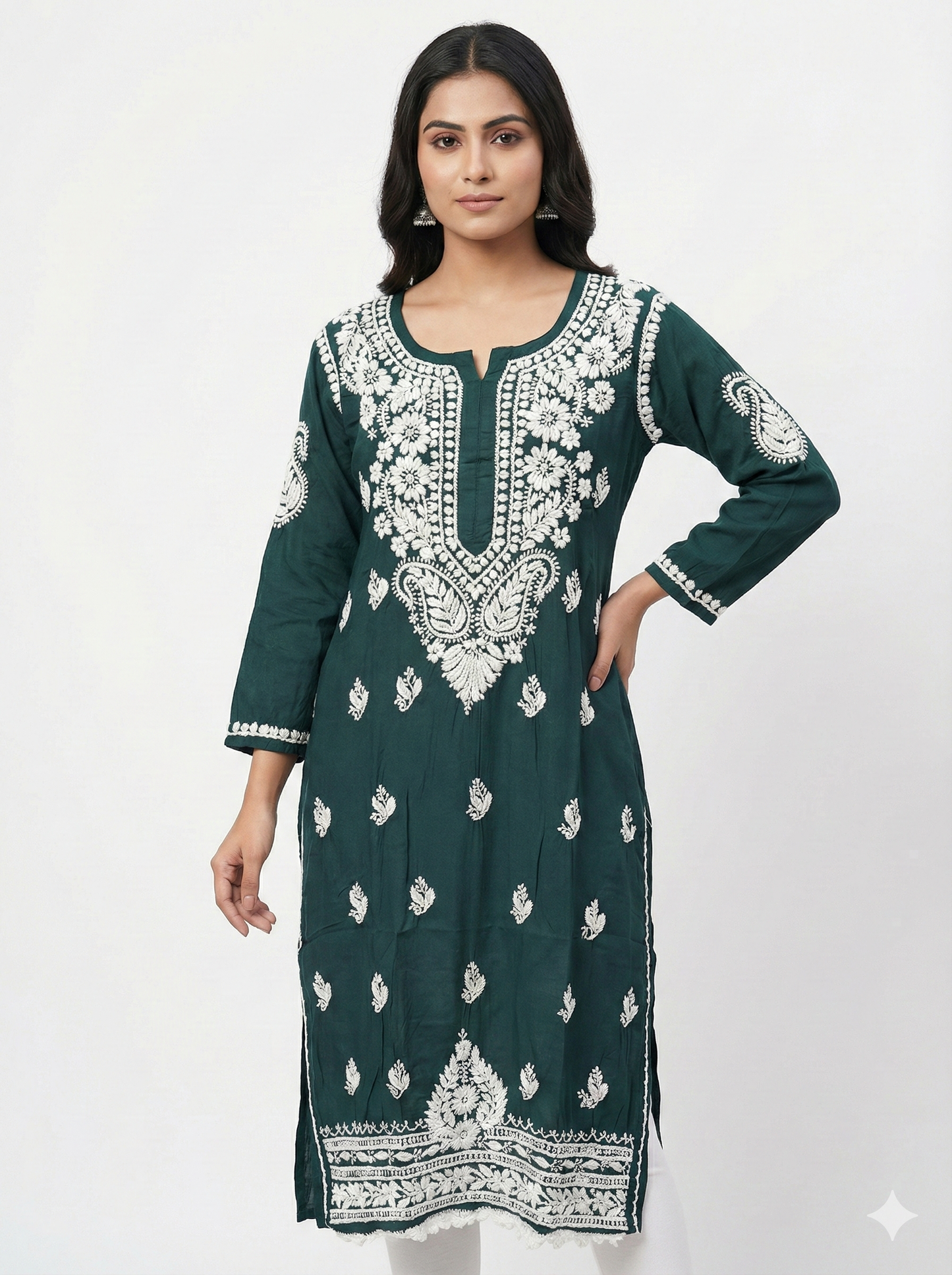 Original Lucknowi Chikankari Kurti for Women | Hand Embroidered Dark Green Kurti – Lucknow Best Chikankari
