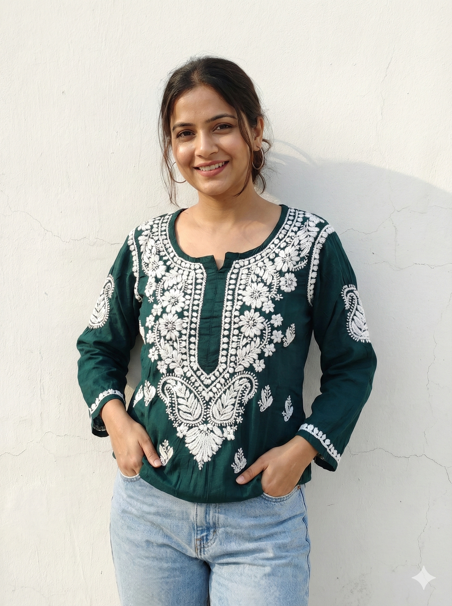 Original Lucknowi Chikankari Kurti for Women | Hand Embroidered Dark Green Kurti – Lucknow Best Chikankari