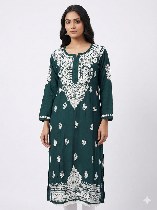 Original Lucknowi Chikankari Kurti for Women | Hand Embroidered Dark Green Kurti – Lucknow Best Chikankari