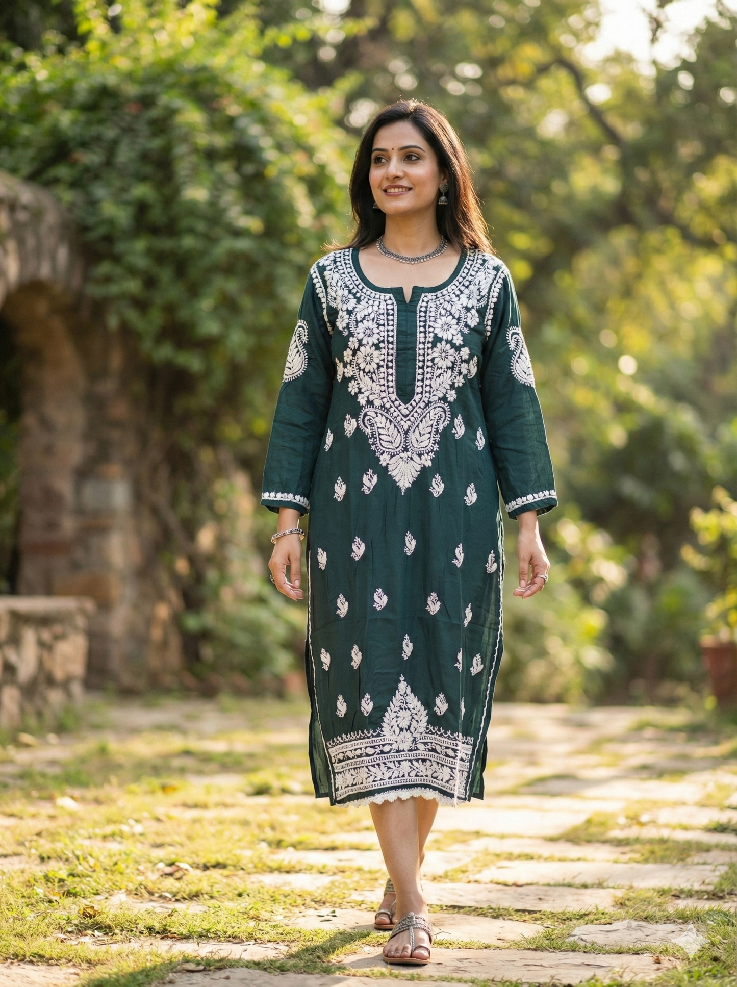 Original Lucknowi Chikankari Kurti for Women | Hand Embroidered Dark Green Kurti – Lucknow Best Chikankari