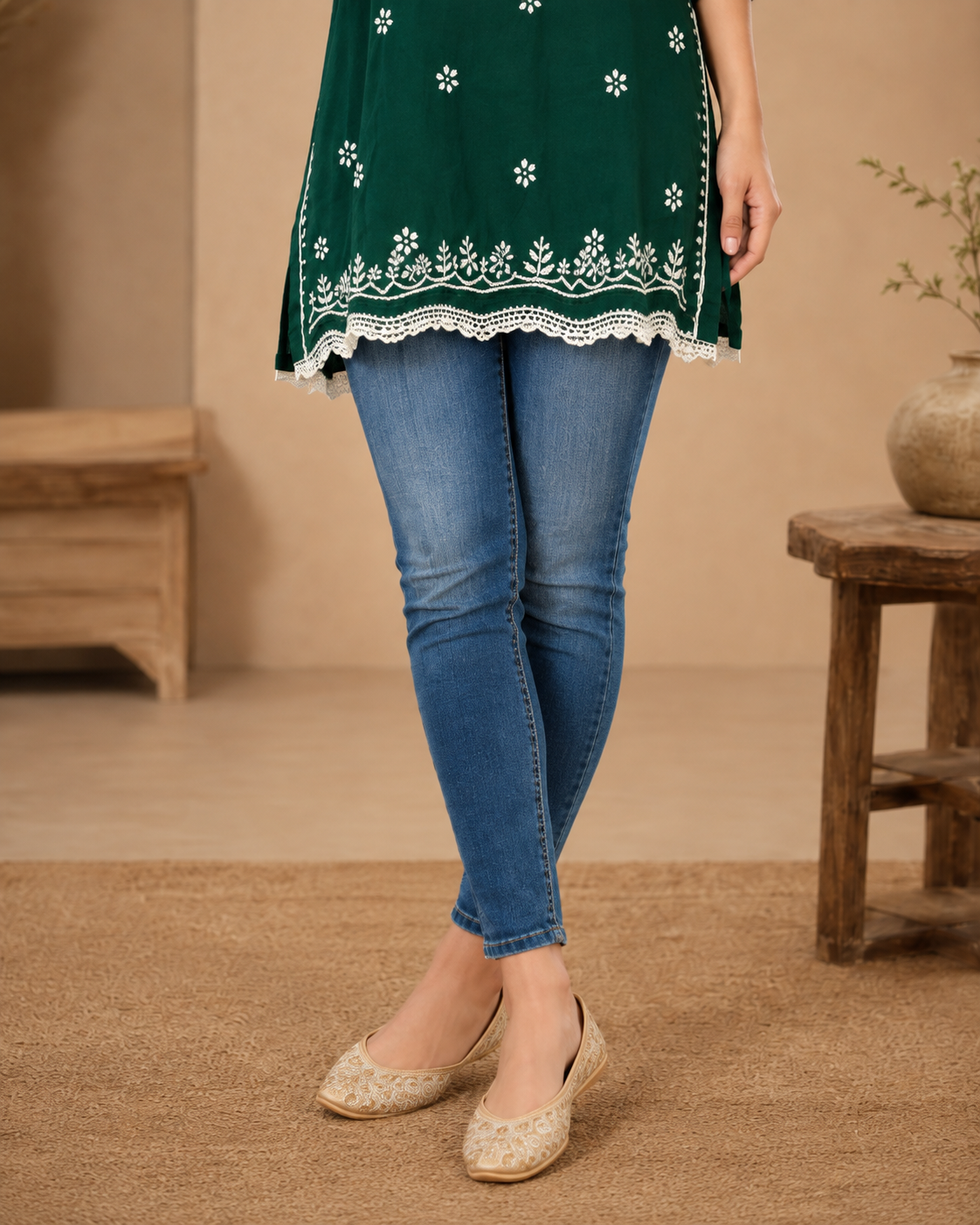 Emerald Green Chikankari Short Kurti with Scalloped Hem | Lucknow Best Chikankari