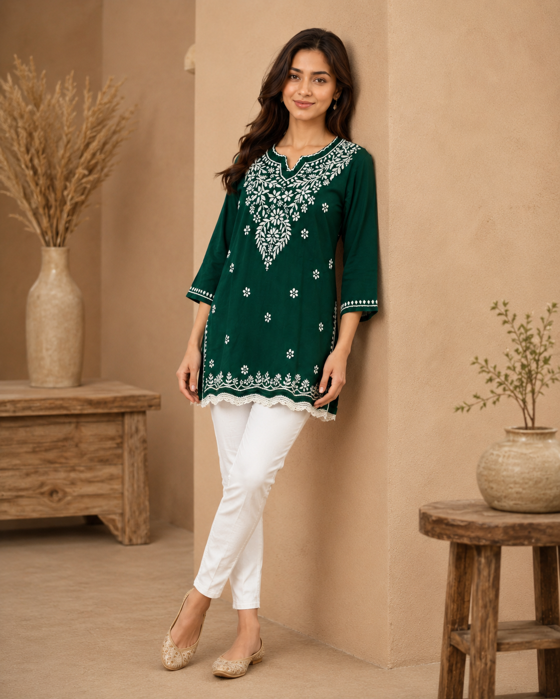 Emerald Green Chikankari Short Kurti with Scalloped Hem | Lucknow Best Chikankari