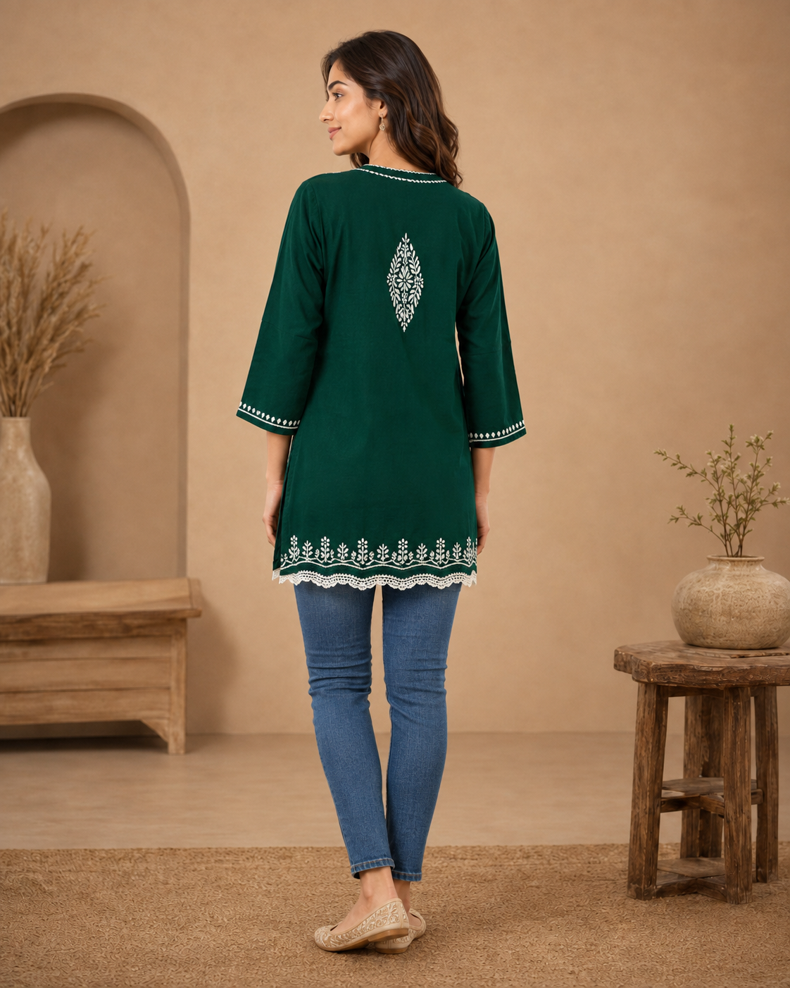 Emerald Green Chikankari Short Kurti with Scalloped Hem | Lucknow Best Chikankari