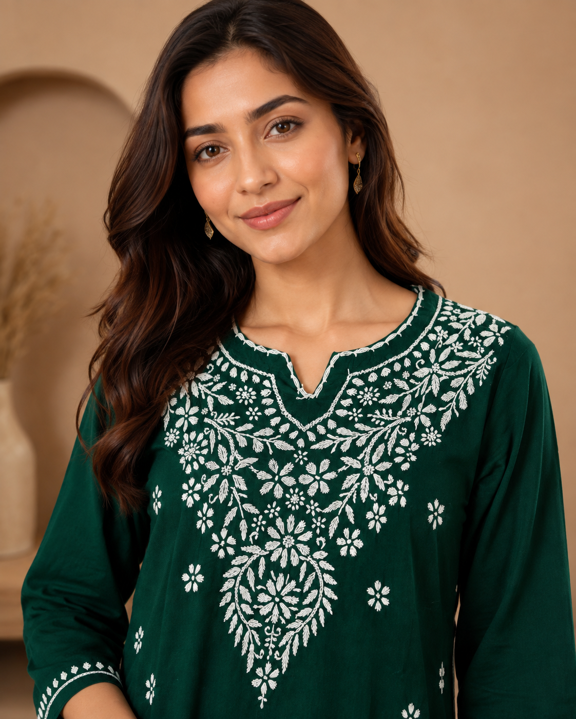 Emerald Green Chikankari Short Kurti with Scalloped Hem | Lucknow Best Chikankari