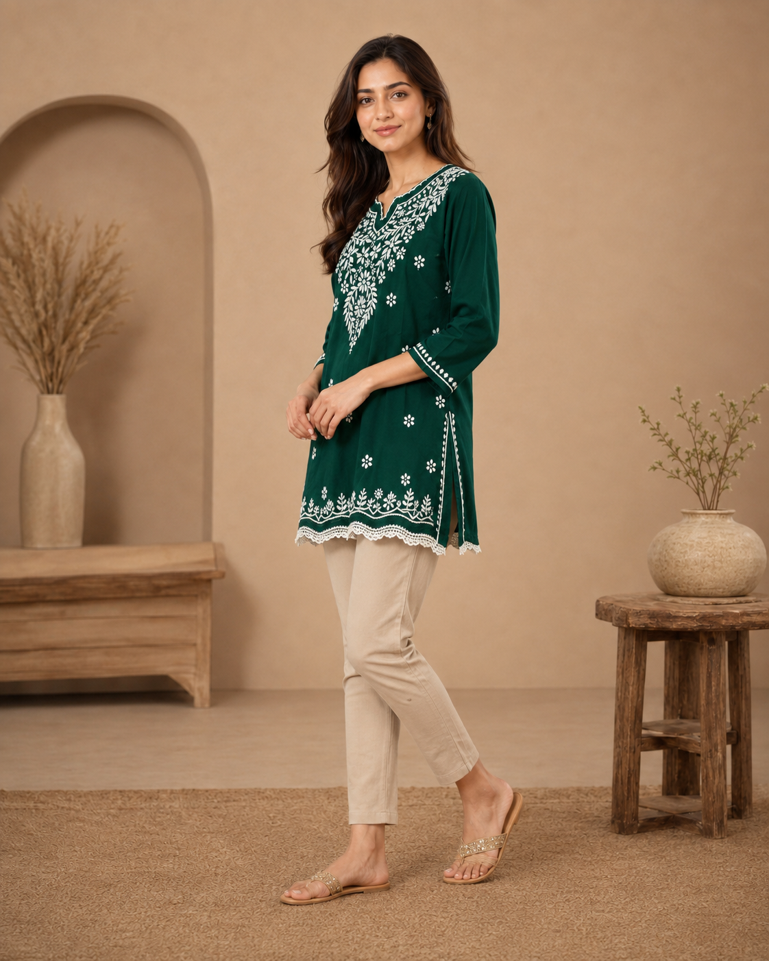 Emerald Green Chikankari Short Kurti with Scalloped Hem | Lucknow Best Chikankari