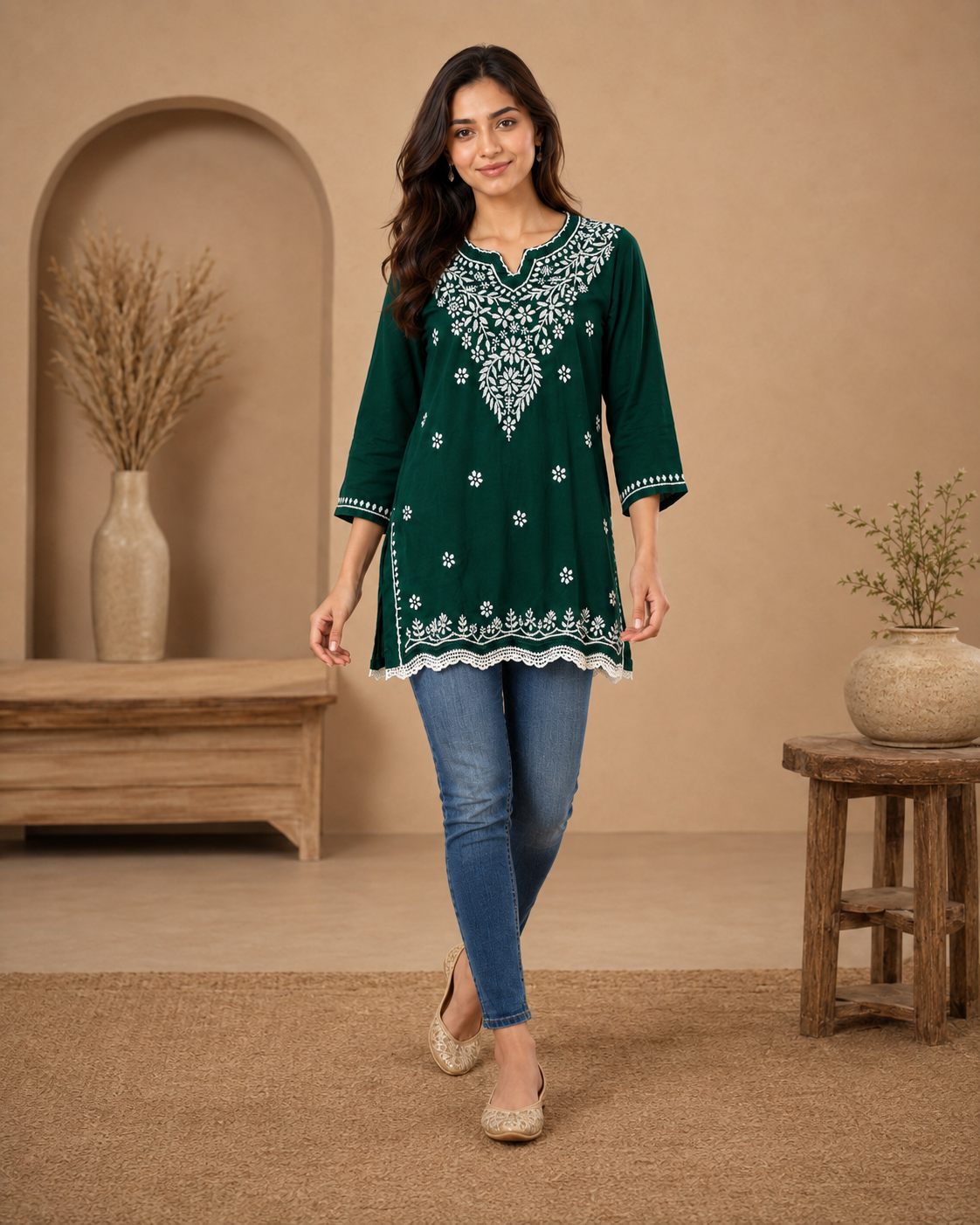 Emerald Green Chikankari Short Kurti with Scalloped Hem | Lucknow Best Chikankari