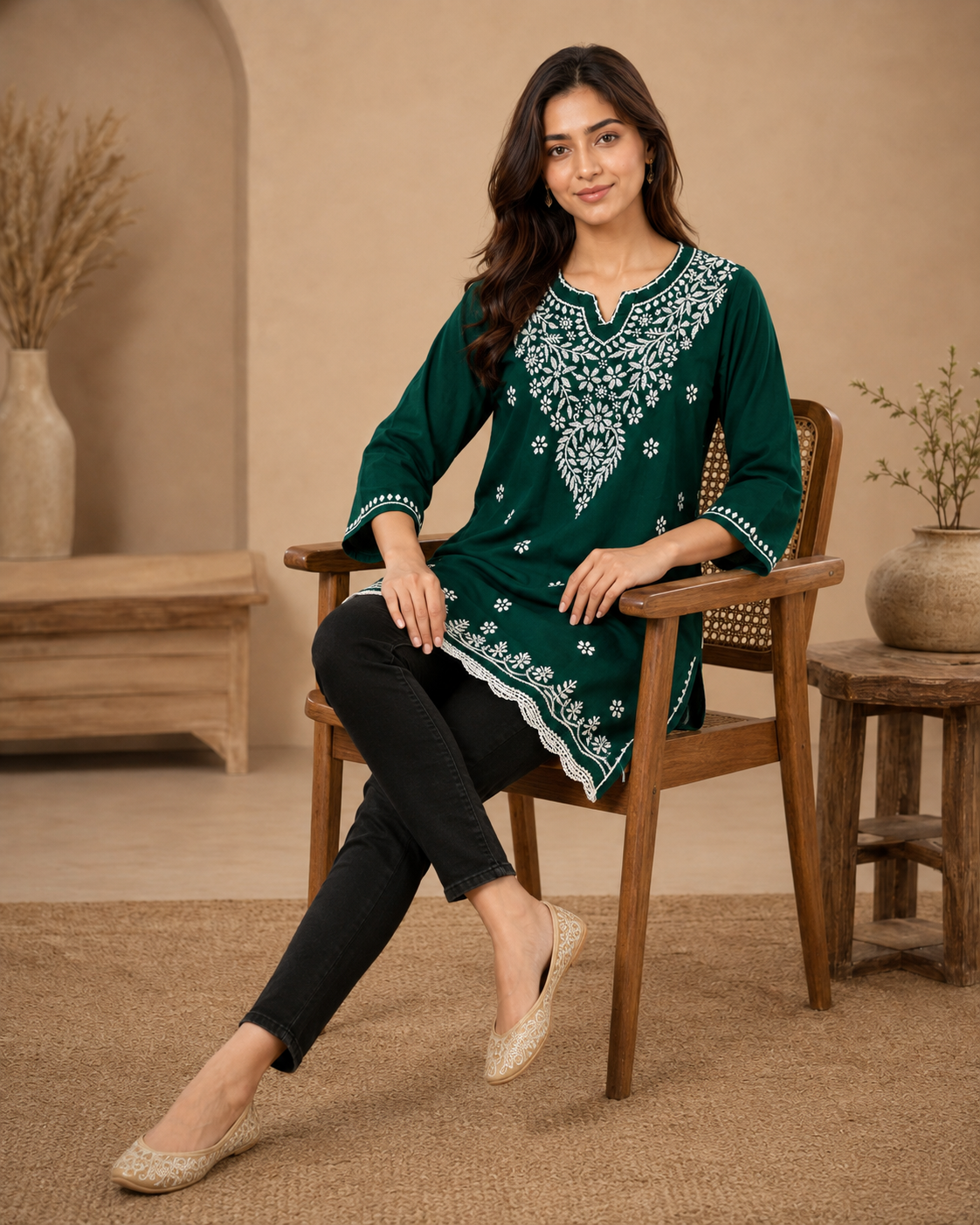 Emerald Green Chikankari Short Kurti with Scalloped Hem | Lucknow Best Chikankari