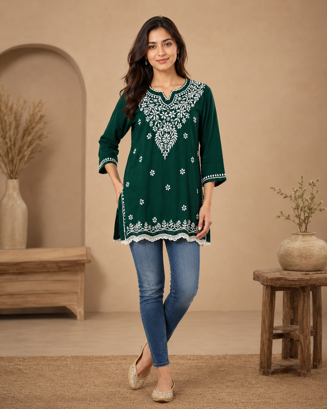 Emerald Green Chikankari Short Kurti with Scalloped Hem | Lucknow Best Chikankari