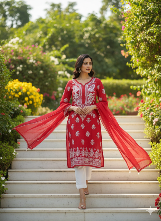 Red modal Chikankari kurti embroidery close up