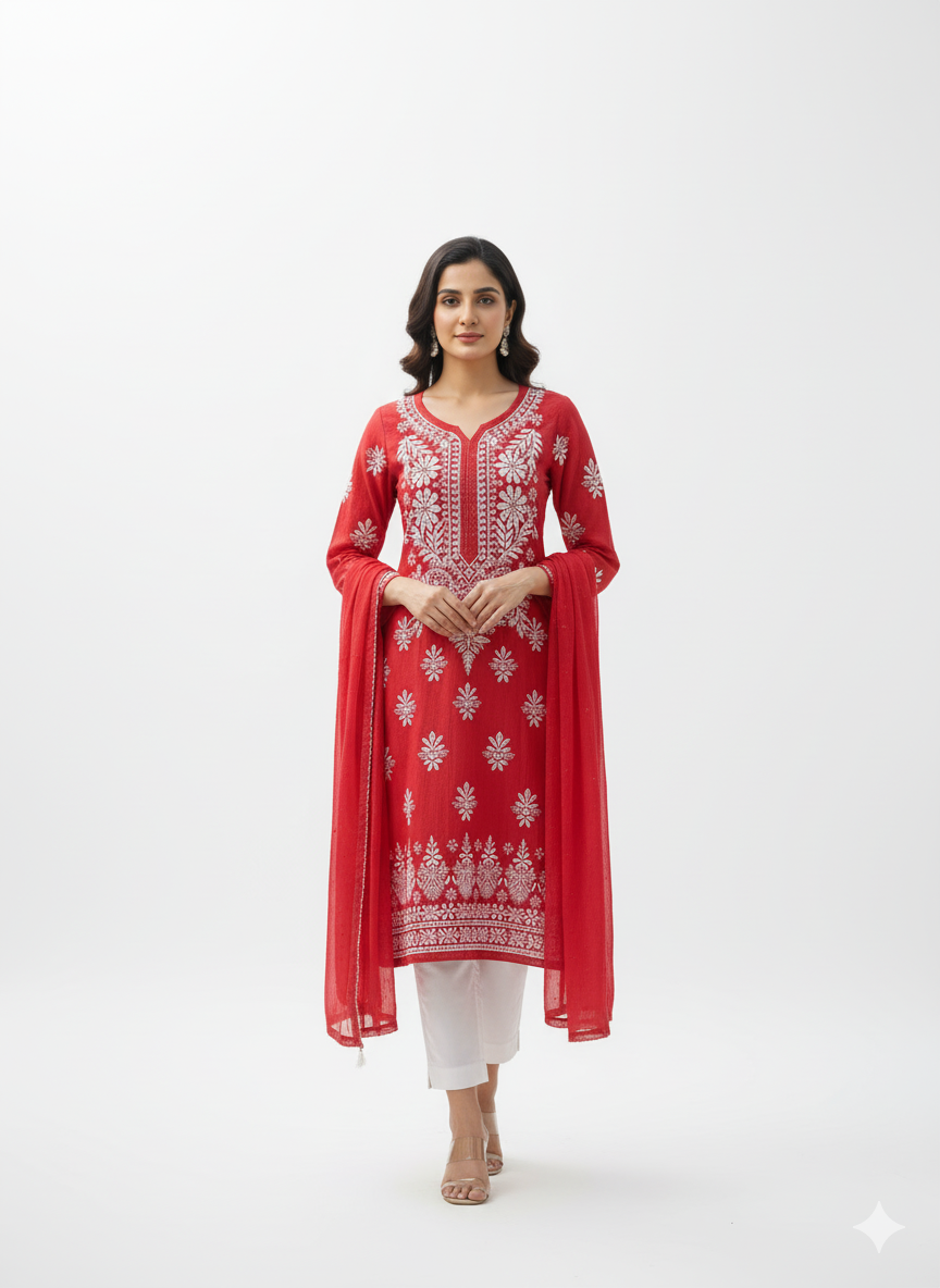 "Red Modal Chikankari Kurti with White Hand Embroidery | Elegant Lucknowi Ethnic Wear for Women"