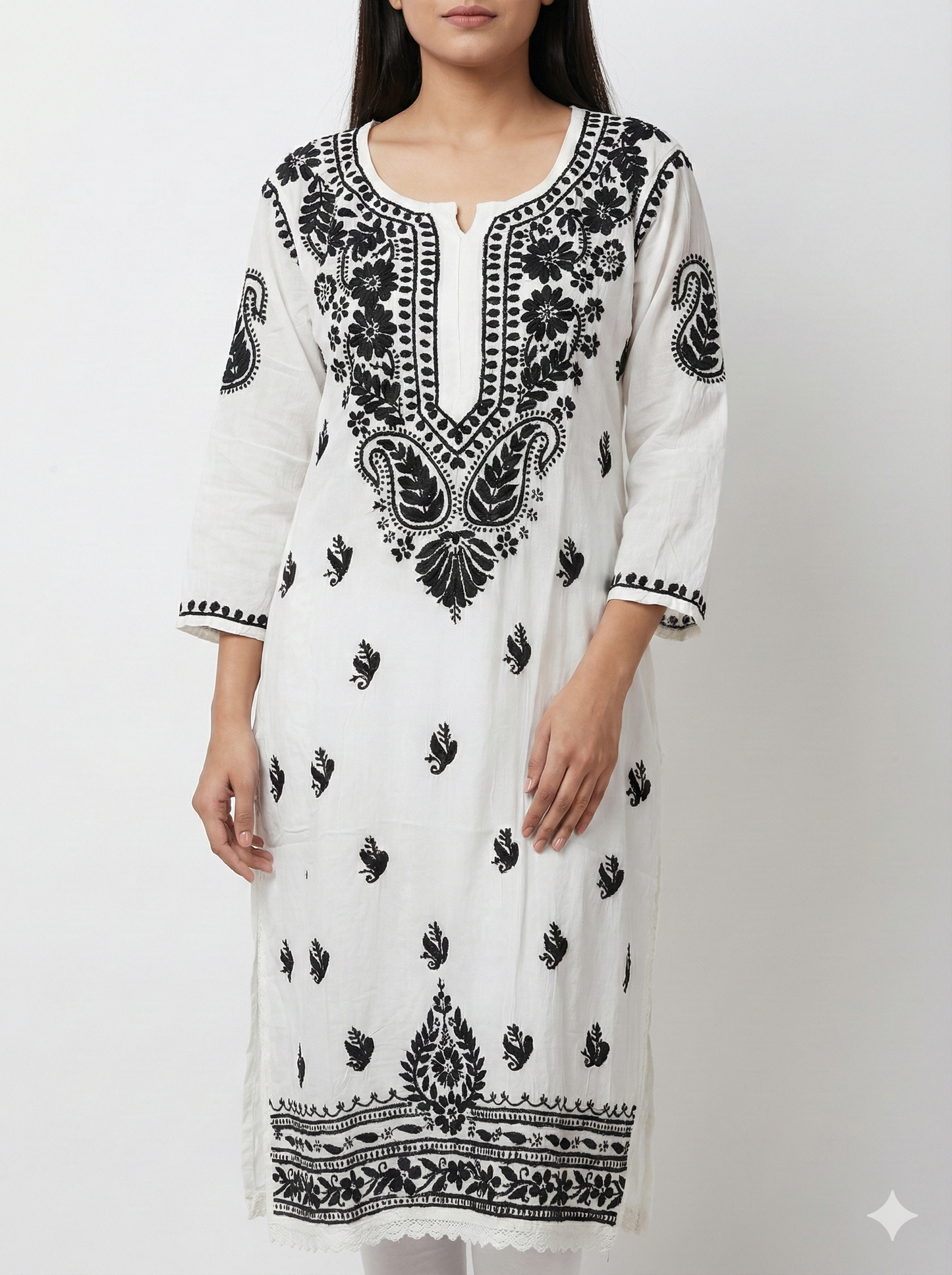 White Rayon Chikankari Kurti with Black Hand Embroidery | Lucknowi Chikankari Straight Kurta for Women