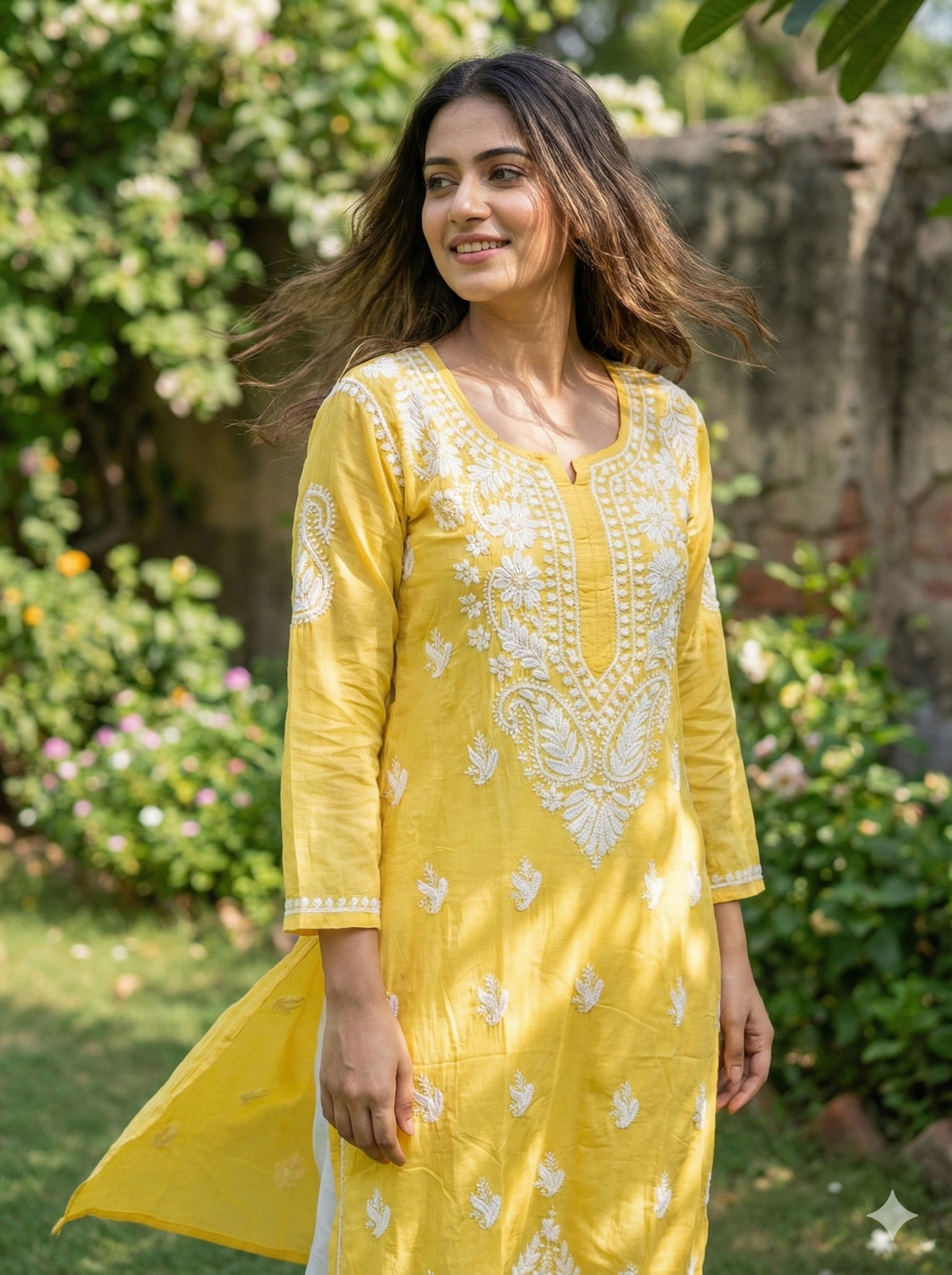 Yellow Modal Chikankari Kurti for Women – Hand Embroidered Lucknow Chikan Work