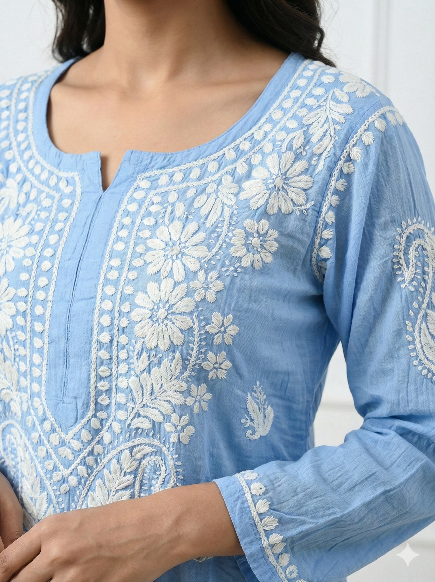 Sky Blue Modal Chikankari Kurti for Women | Handcrafted Lucknowi Embroidered Kurta – Lucknow Best Chikankari