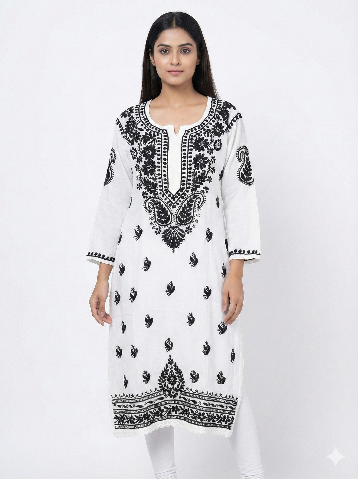 White Rayon Chikankari Kurti with Black Hand Embroidery | Lucknowi Chikankari Straight Kurta for Women