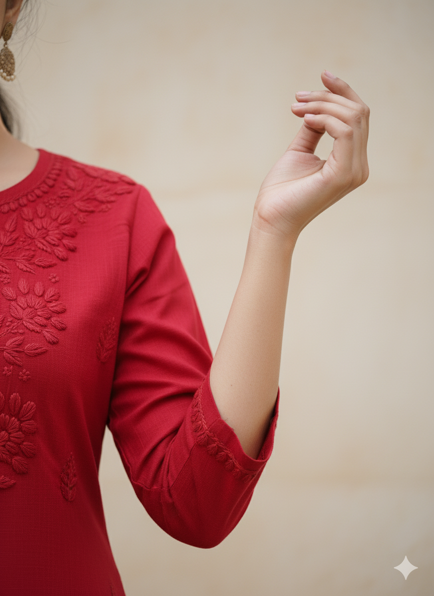 Women’s Red Cotton Chikankari Kurti | Handcrafted Lucknowi Embroidered Kurta for Casual & Festive Wear