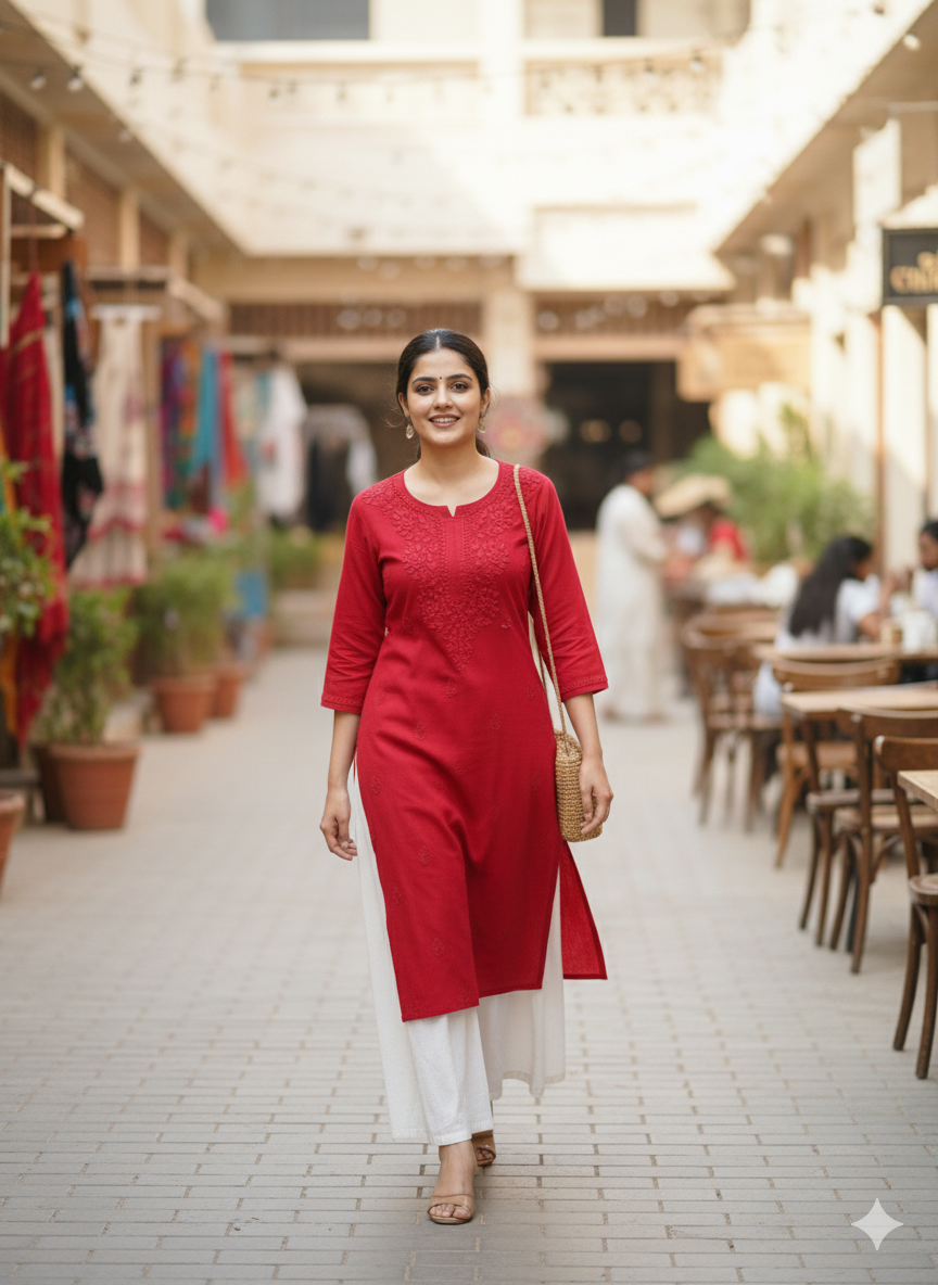Women’s Red Cotton Chikankari Kurti | Handcrafted Lucknowi Embroidered Kurta for Casual & Festive Wear