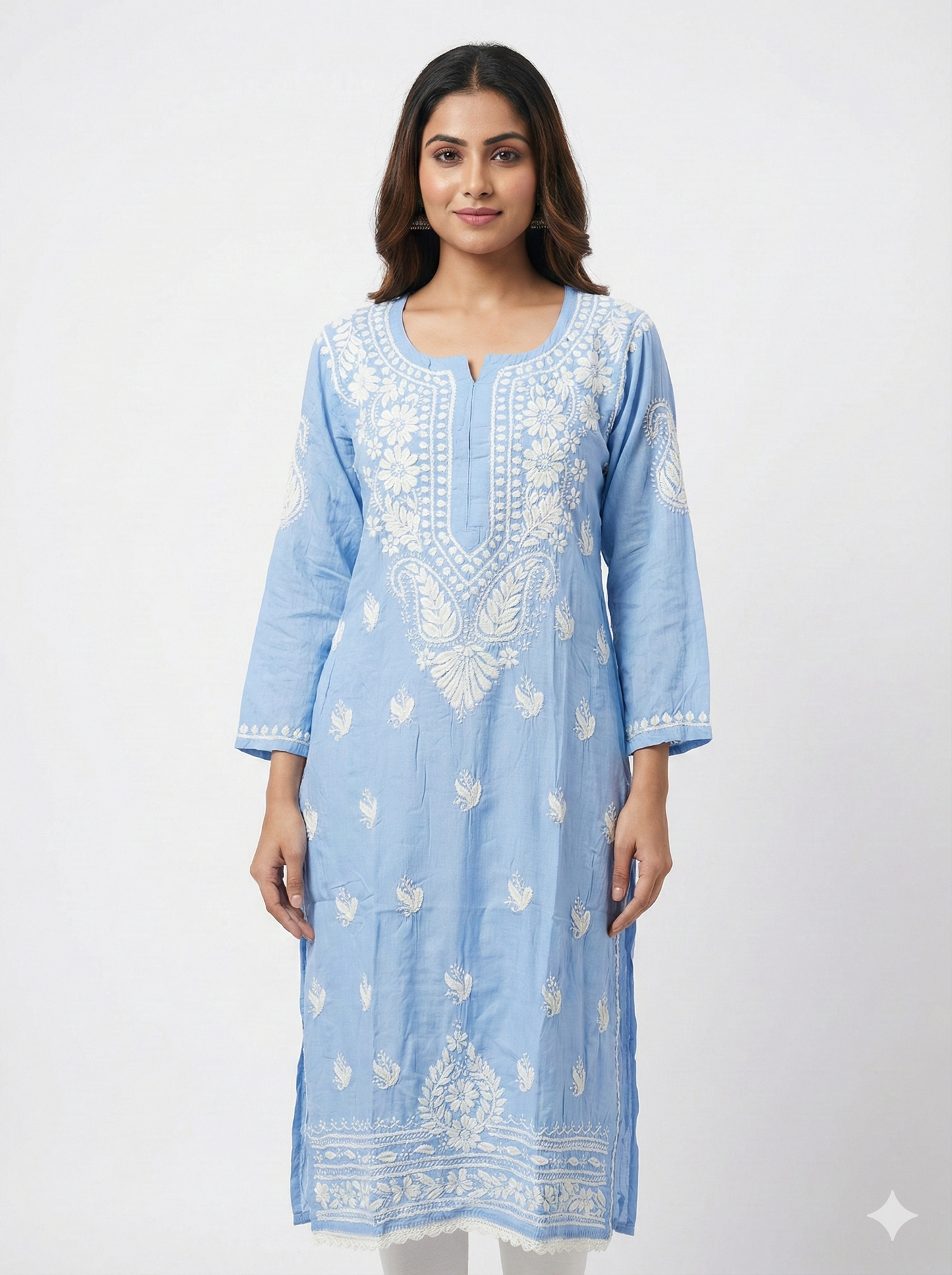 Sky Blue Modal Chikankari Kurti for Women | Handcrafted Lucknowi Embroidered Kurta – Lucknow Best Chikankari