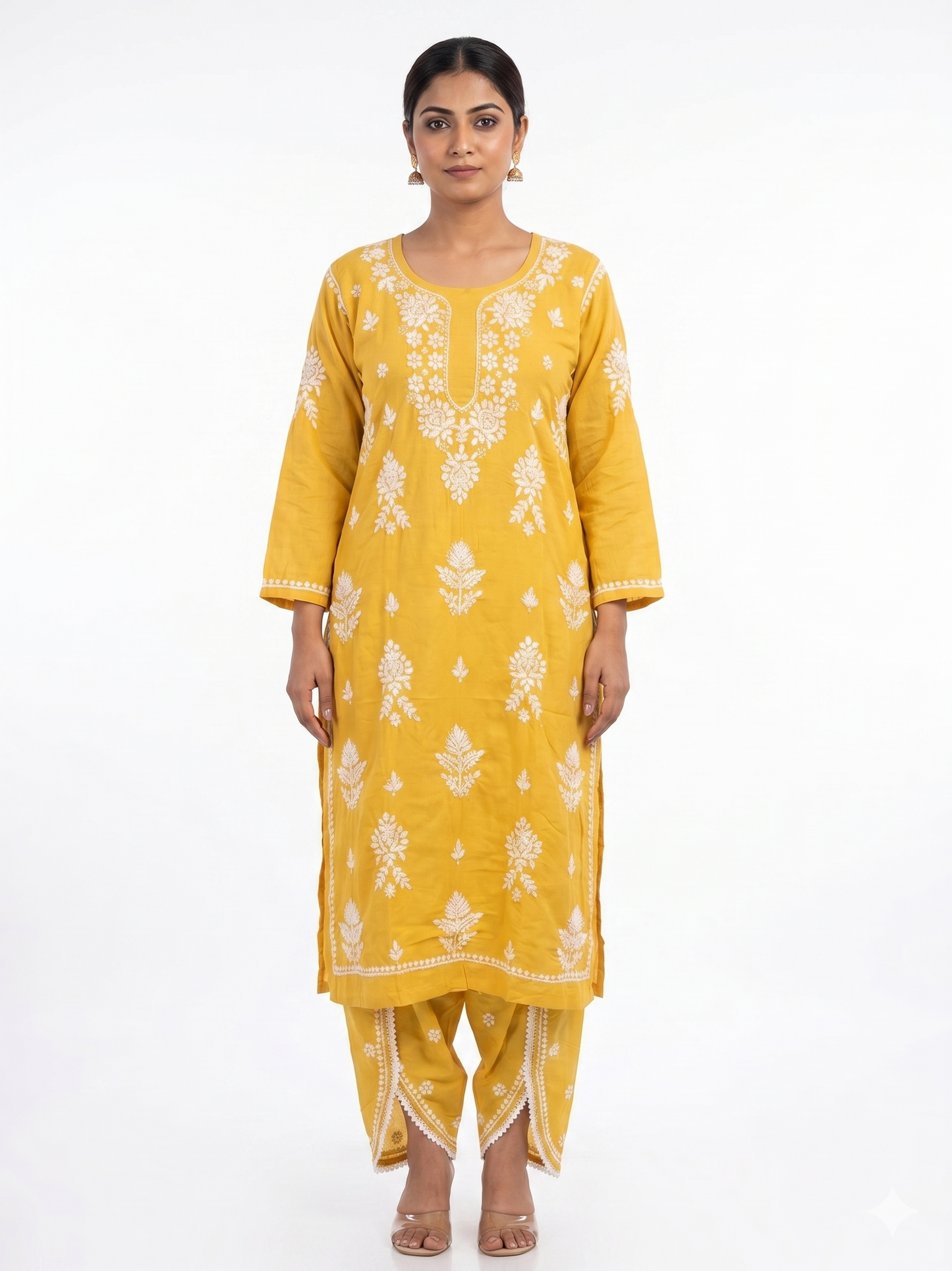 Authentic Mustard Yellow Handcrafted Chikankari Kurti & Salwar Set