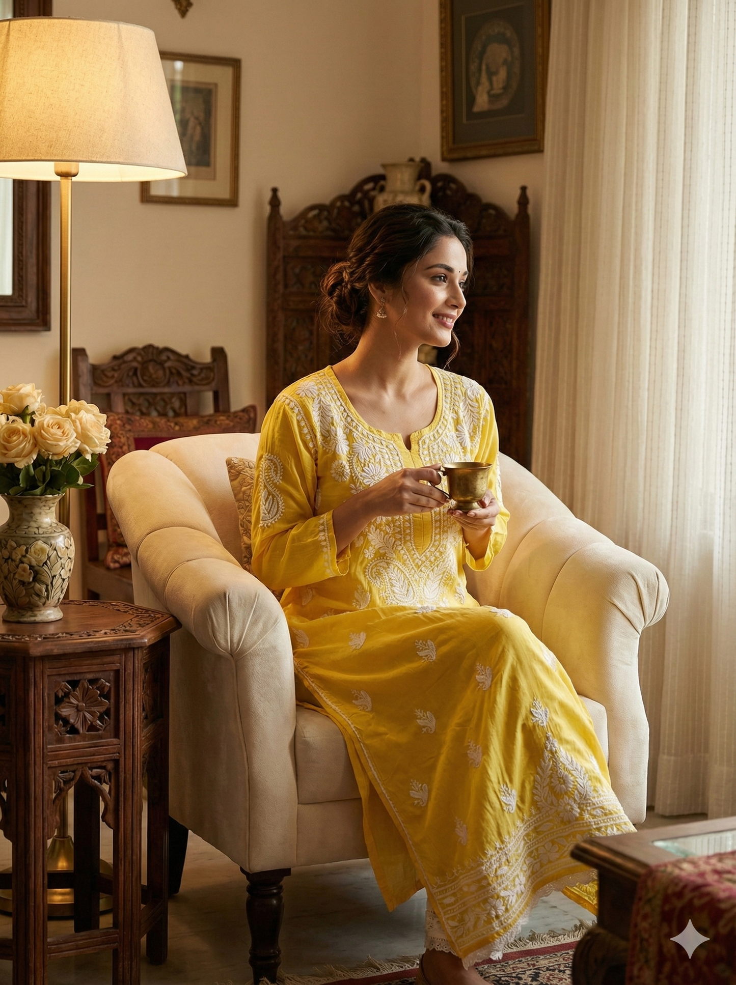 Yellow Modal Chikankari Kurti for Women – Hand Embroidered Lucknow Chikan Work