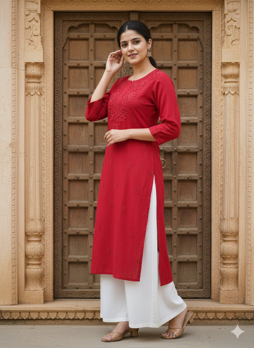 Women’s Red Cotton Chikankari Kurti | Handcrafted Lucknowi Embroidered Kurta for Casual & Festive Wear