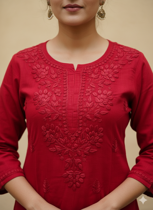 Red cotton Chikankari kurti embroidery close up