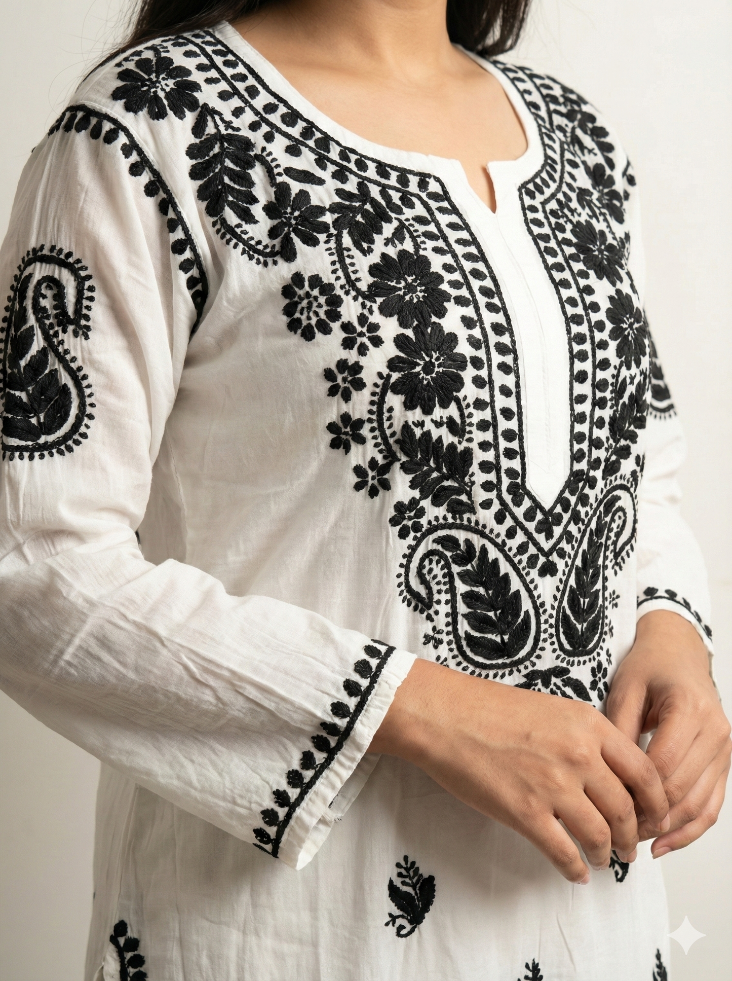 White Rayon Chikankari Kurti with Black Hand Embroidery | Lucknowi Chikankari Straight Kurta for Women