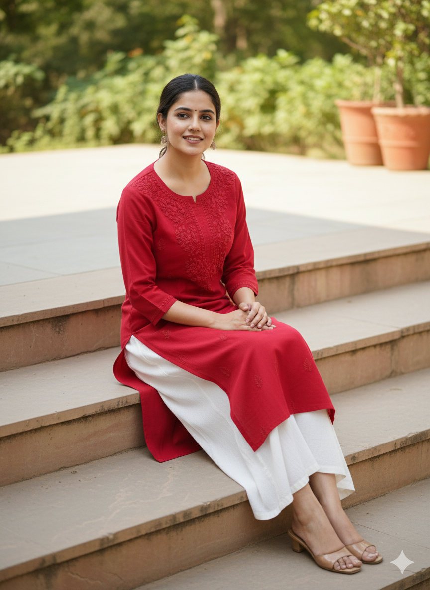 Women’s Red Cotton Chikankari Kurti | Handcrafted Lucknowi Embroidered Kurta for Casual & Festive Wear