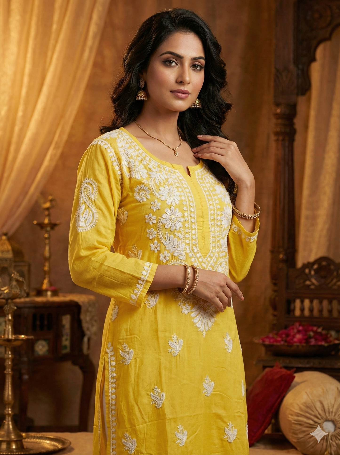 Yellow Modal Chikankari Kurti for Women – Hand Embroidered Lucknow Chikan Work