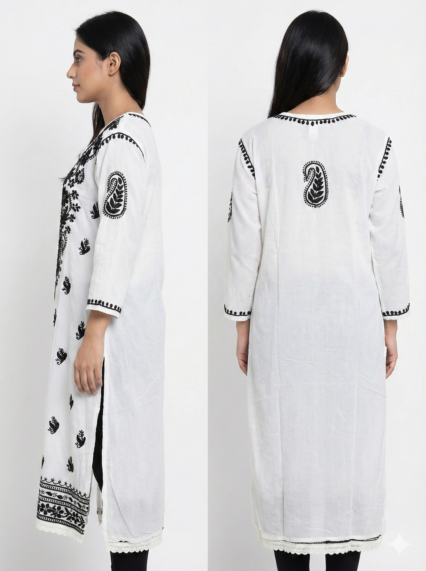 White Rayon Chikankari Kurti with Black Hand Embroidery | Lucknowi Chikankari Straight Kurta for Women