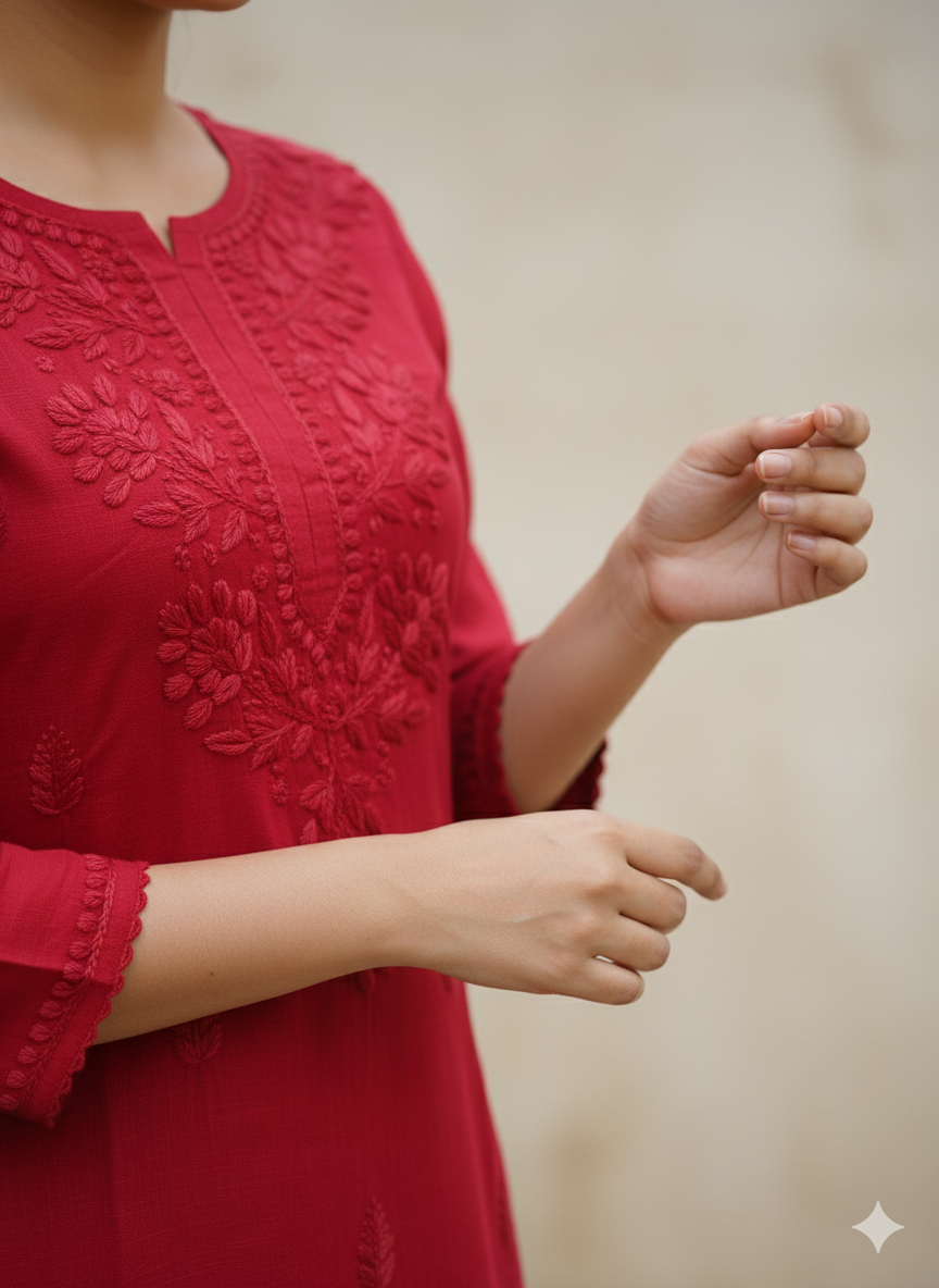 Women’s Red Cotton Chikankari Kurti | Handcrafted Lucknowi Embroidered Kurta for Casual & Festive Wear