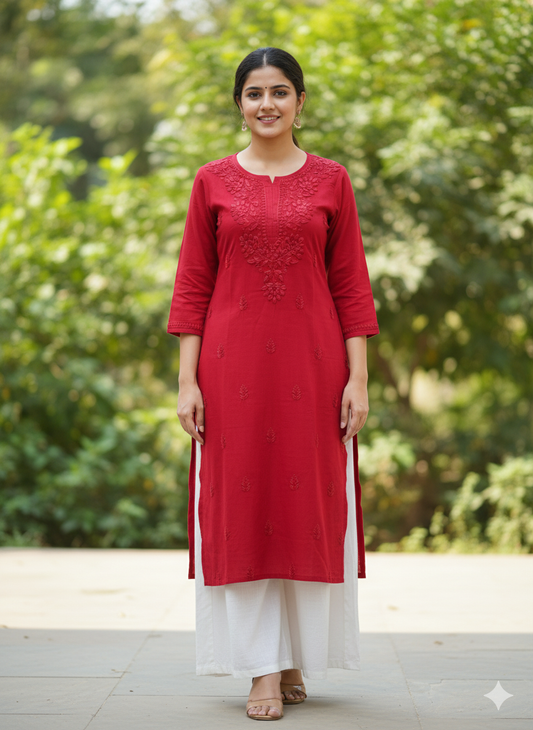 Women’s Red Cotton Chikankari Kurti | Handcrafted Lucknowi Embroidered Kurta for Casual & Festive Wear