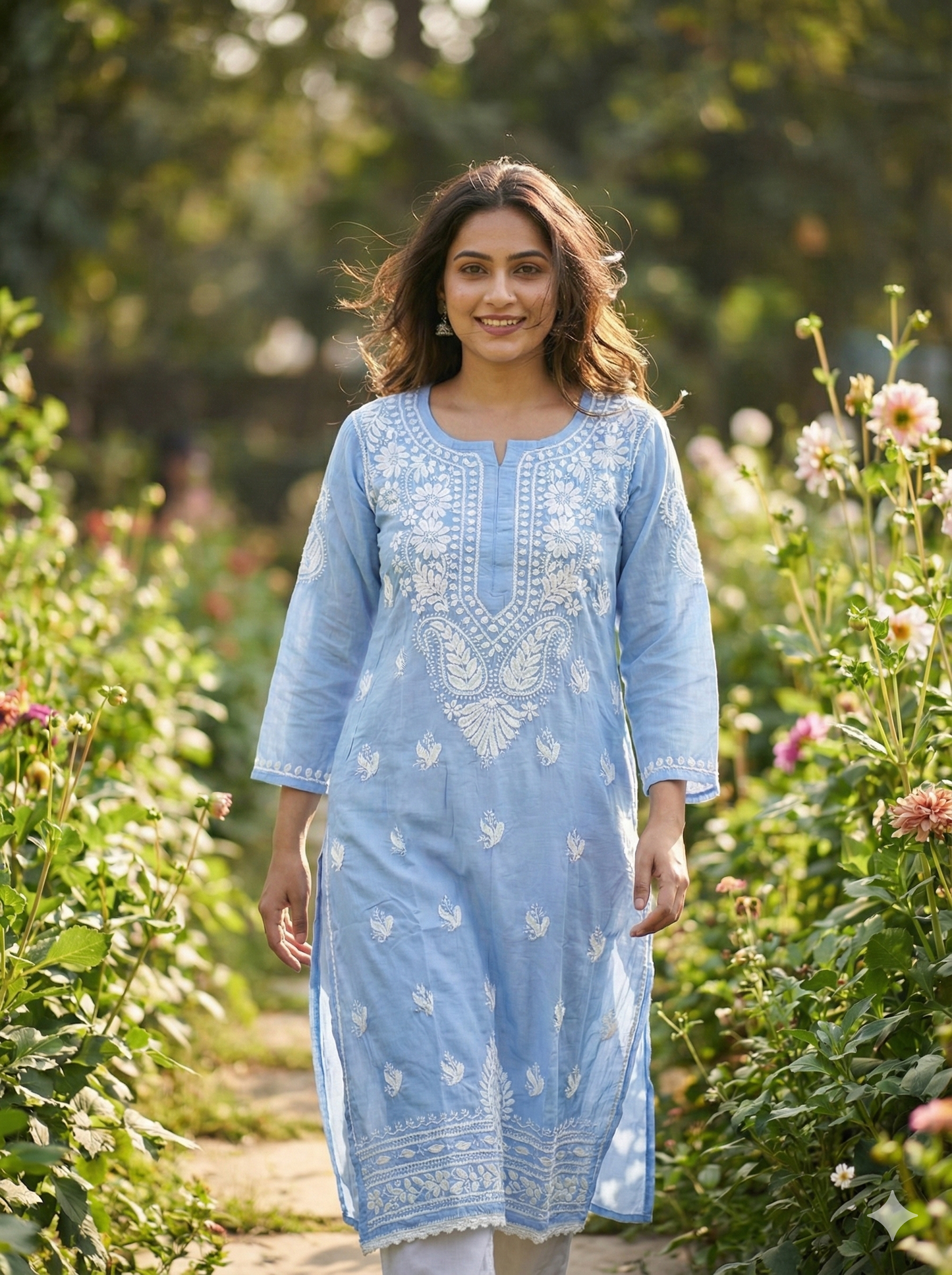 Sky Blue Modal Chikankari Kurti for Women | Handcrafted Lucknowi Embroidered Kurta – Lucknow Best Chikankari