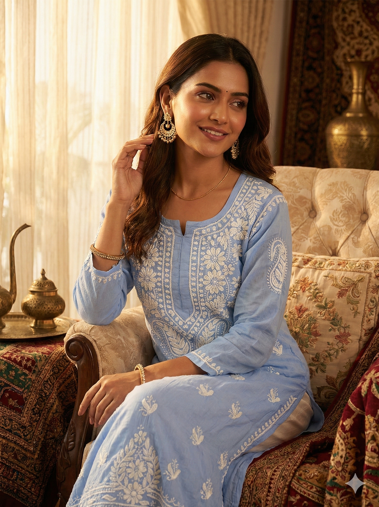 Sky Blue Modal Chikankari Kurti for Women | Handcrafted Lucknowi Embroidered Kurta – Lucknow Best Chikankari