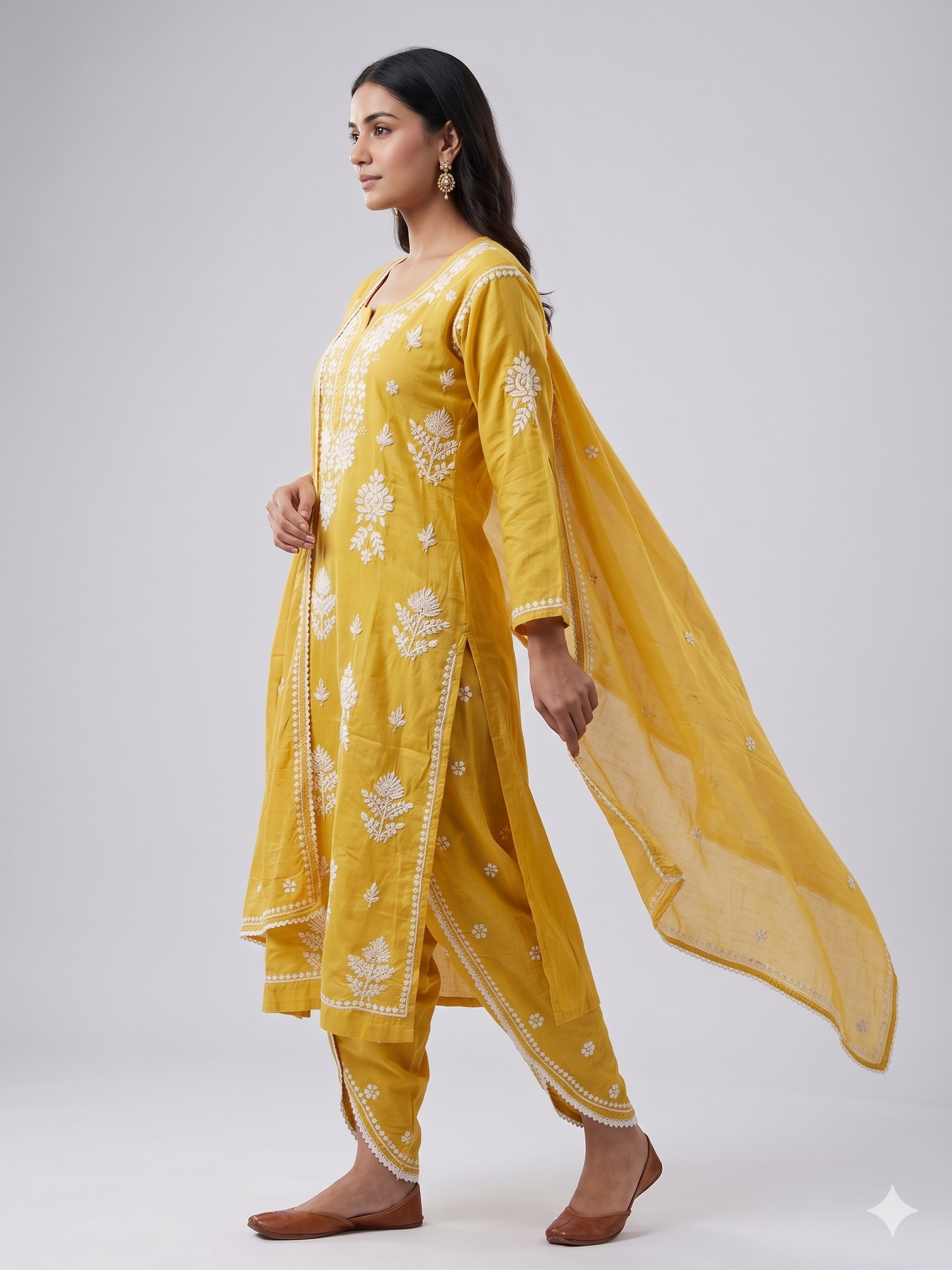 Authentic Mustard Yellow Handcrafted Chikankari Kurti & Salwar Set