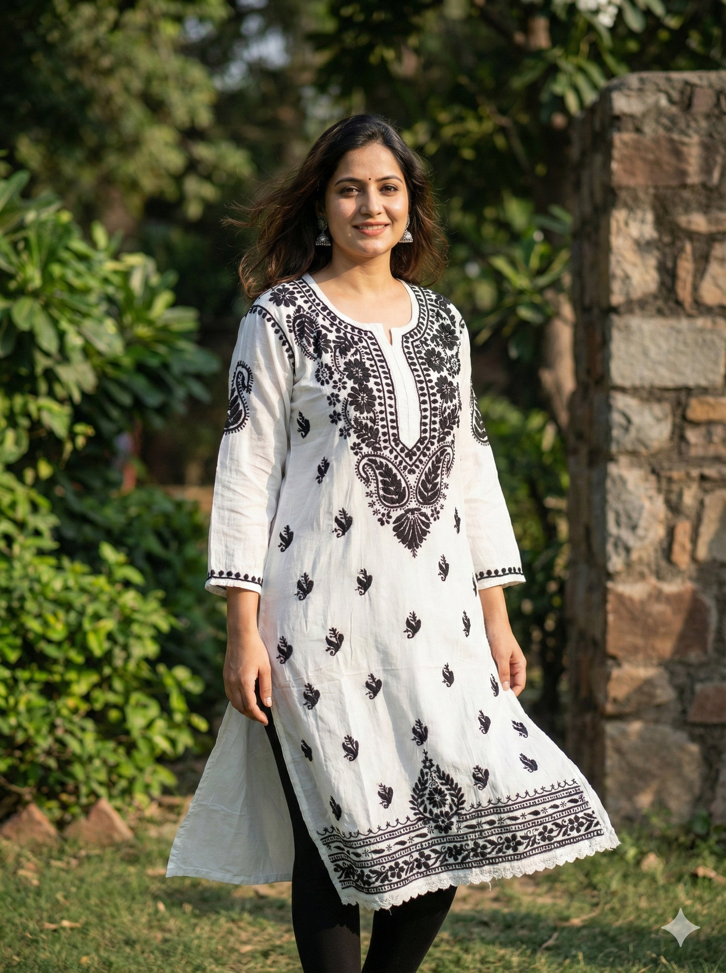 White Rayon Chikankari Kurti with Black Hand Embroidery | Lucknowi Chikankari Straight Kurta for Women