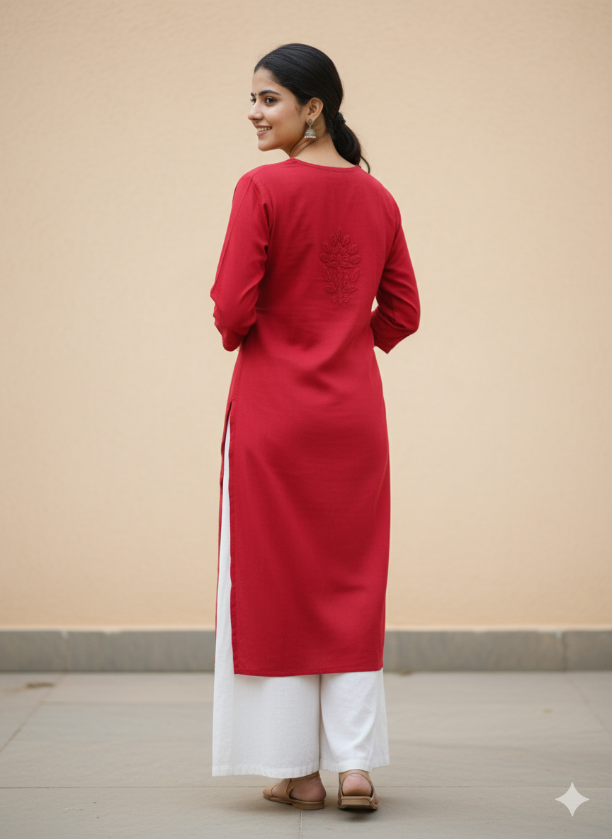 Women’s Red Cotton Chikankari Kurti | Handcrafted Lucknowi Embroidered Kurta for Casual & Festive Wear